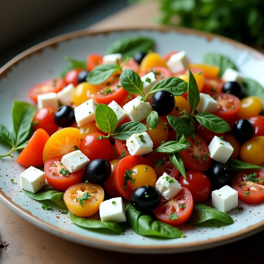 Colorful salad with cherry tomatoes feta and olives Fresh basil sprinkled on top Serve on a rustic plate Natural lighting highlights freshness Ingredients arranged attractively