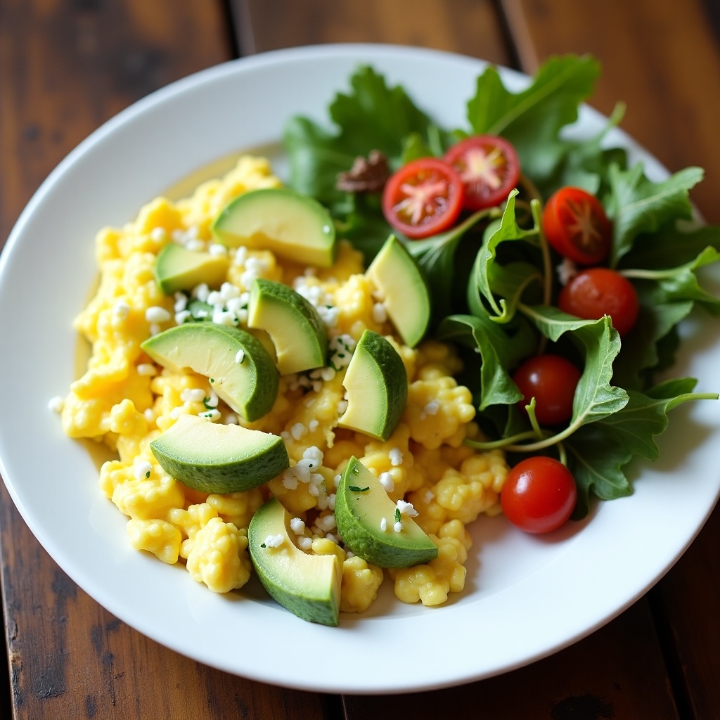 This image features a delicious plate of avocado scrambled eggs with a side salad. The scrambled eggs are rich and fluffy, topped with slices of ripe avocado. On the side, there's a fresh green salad with cherry tomatoes and leafy greens. The presentation is vibrant and inviting. This dish represents a healthy breakfast option that is both nutritious and visually appealing.