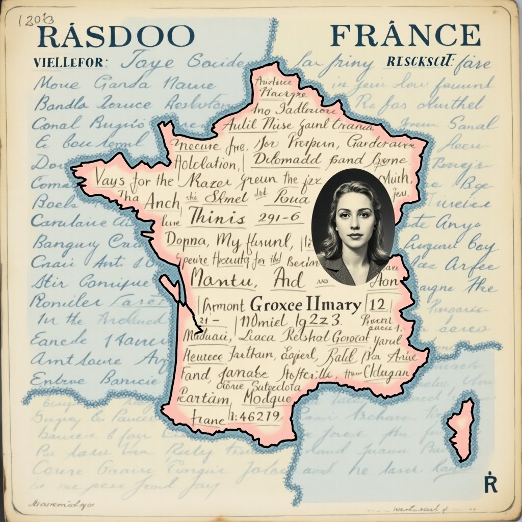 An editable document representing a French national identity card. Features the outline of France with a portrait image inside. Includes decorative elements and handwritten notes.