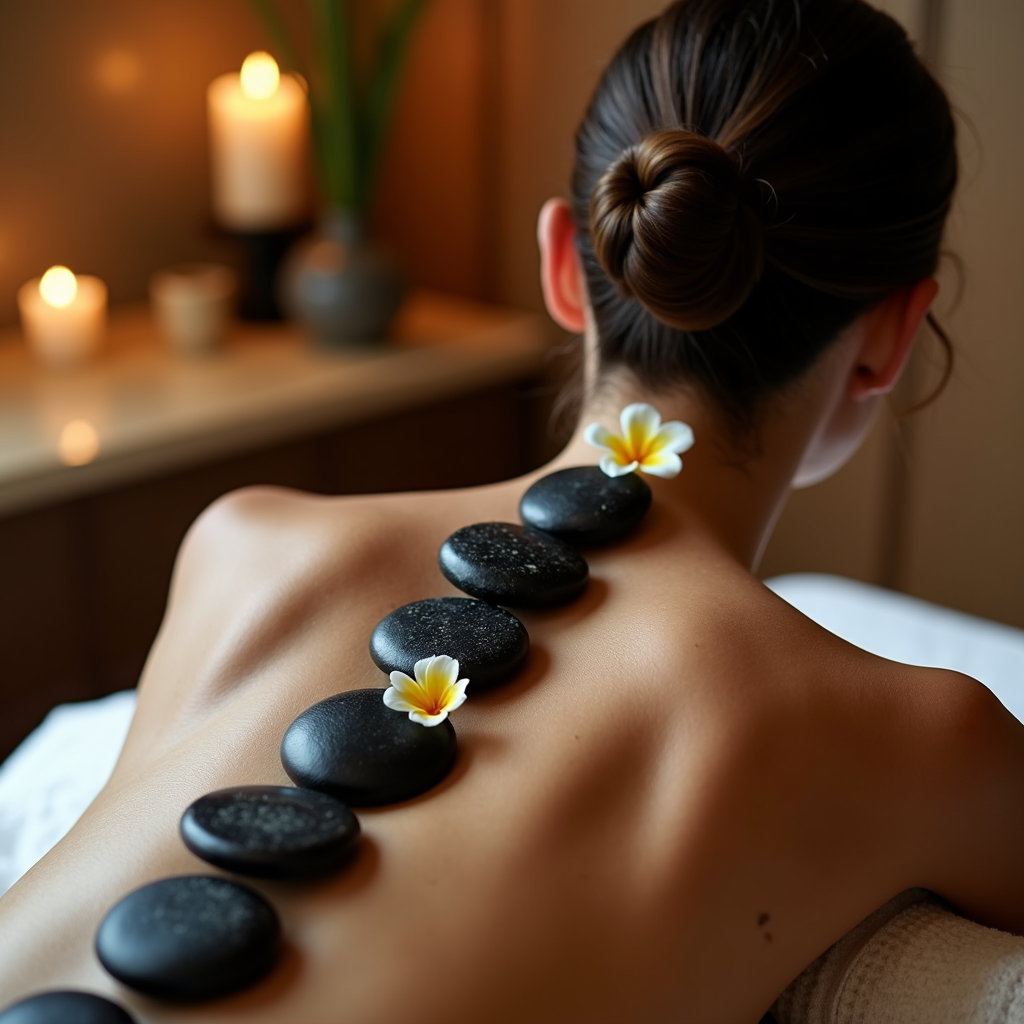 A person is receiving a hot stone massage with candles in a relaxing spa setting.