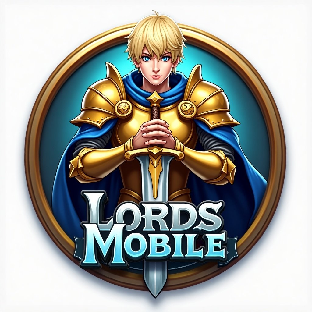 Create a circular badge design featuring a fantasy theme. At the center, place a heroic character who stands confidently with feet slightly apart, hands over the hilt of a sword. The character should have short blonde hair, blue eyes, and a confident expression. Armor should be 90% gold and 10% blue with elaborate details. The sword should be large with a metallic silver blade and a golden hilt. Above the hero, prominently display the Lords Mobile logo, featuring a knight with a crown-like helmet and the text 'Lords Mobile' in bold 3D letters. The badge should have a detailed, vibrant look with a gold, blue, and white color palette, optimized for display. Add shadows to create depth.