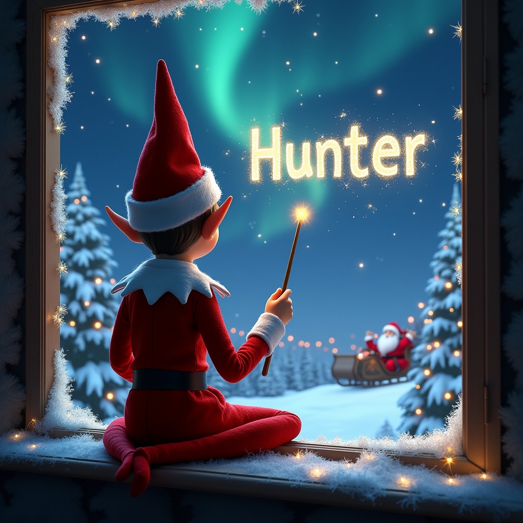 The image features an elf sitting on a window ledge with his back to the viewer. He is facing the sky, using a wand to write the name 'Hunter' in shimmering letters. The background is enchanting, depicting a magical Christmas scene complete with twinkling stars and colorful northern lights. In the background, Santa Claus can be seen in his sleigh, adding to the festive atmosphere. The elf is dressed in a classic red outfit and a pointed hat, emphasizing the holiday spirit.