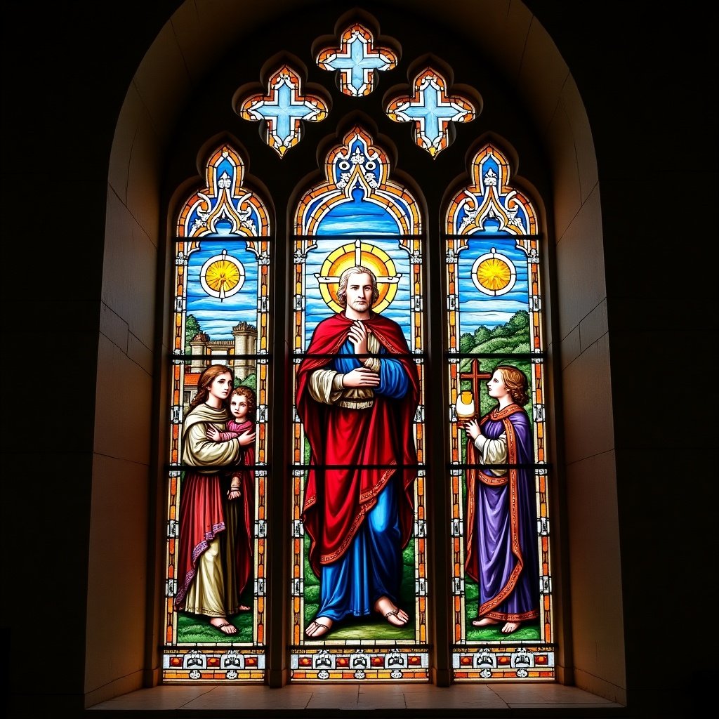 Stained glass window in a church. Depicts a churchman in colorful robes. Two additional figures are present. Light shines through the glass.