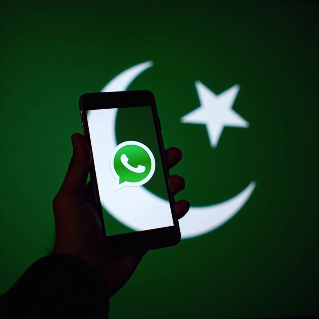 A smartphone displaying the WhatsApp logo in front of a green background with a crescent and star, symbolic of the Pakistan flag. A hand is holding the phone.