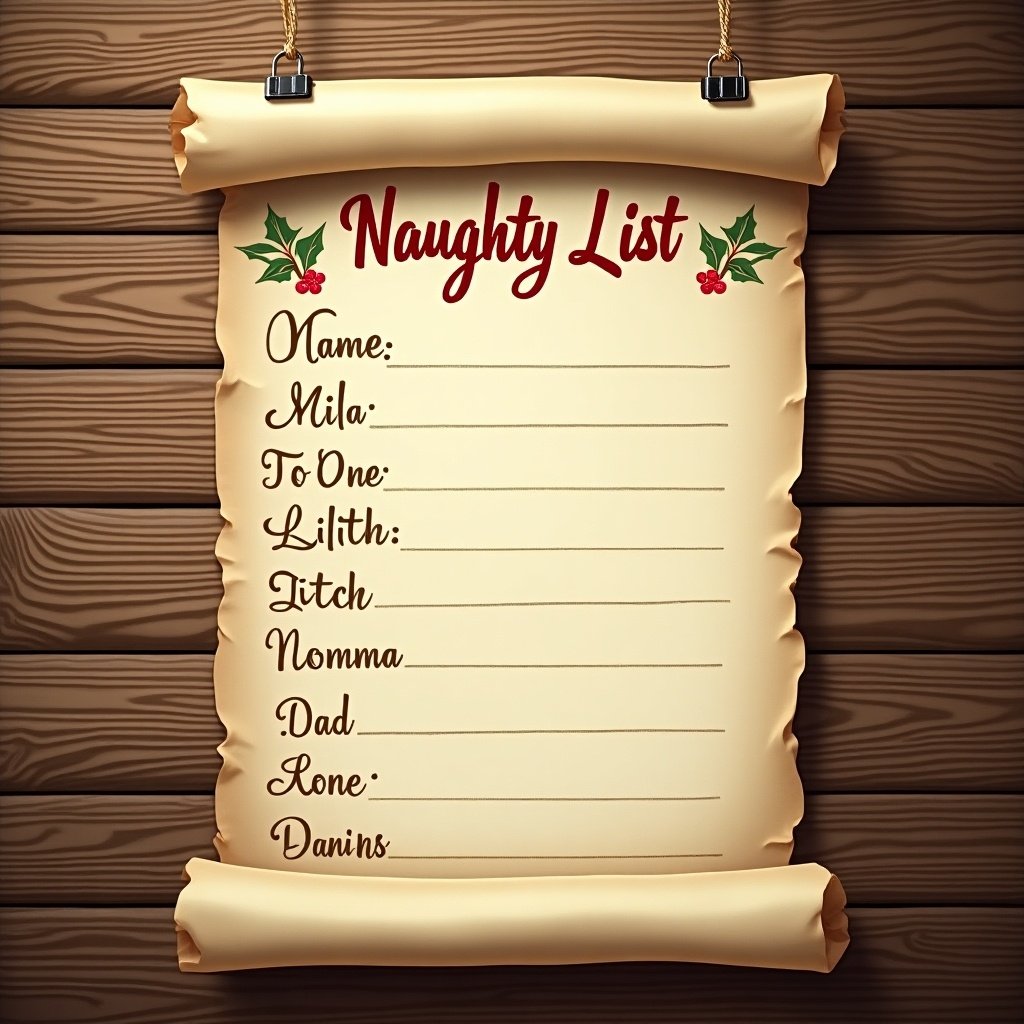 Parchment paper titled Naughty List hung on wooden wall. List includes names like Mila, Lilith, Momma, Dad with empty spaces. Vintage vibe. Wooden background enhances holiday spirit.