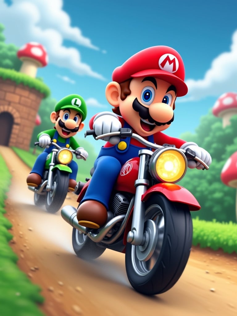 Image features two iconic characters from the Mario franchise riding motorcycles. Mario dressed in a red outfit while Luigi dressed in a green outfit. They race along a vibrant landscape with cartoonish mushrooms. The scene is lively and dynamic, typical of video game adventures. Colorful design captures family-friendly entertainment.