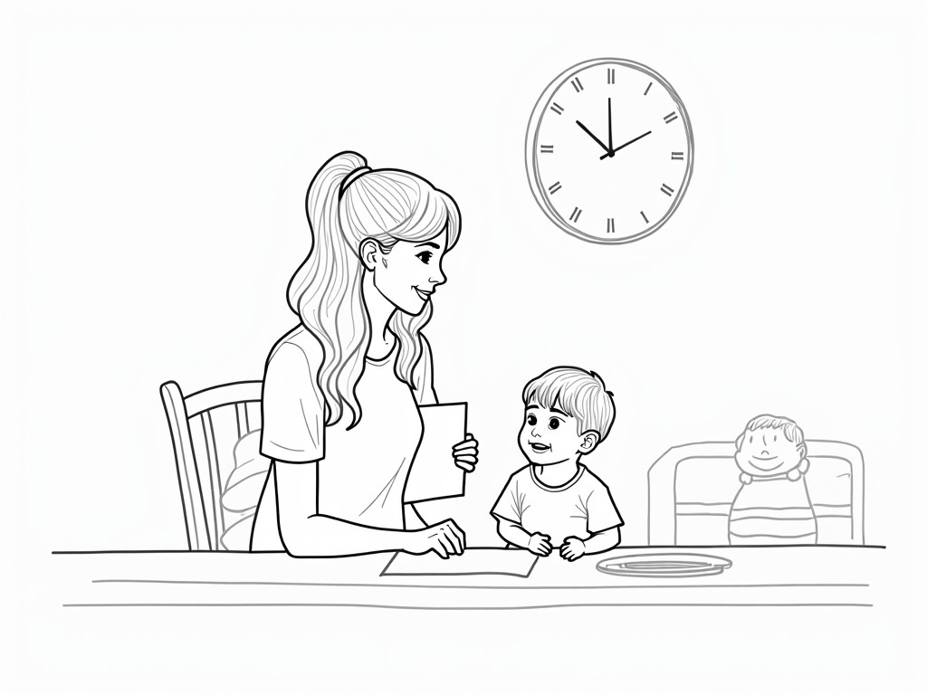 This illustration depicts a heartwarming scene of a mother and her child engaged in a playful interaction at a table. The mother is holding a paper as she shares a moment with her young child, who looks up at her with a smile. In the background, a clock shows the time and another child appears to be observing, adding depth to the family atmosphere.