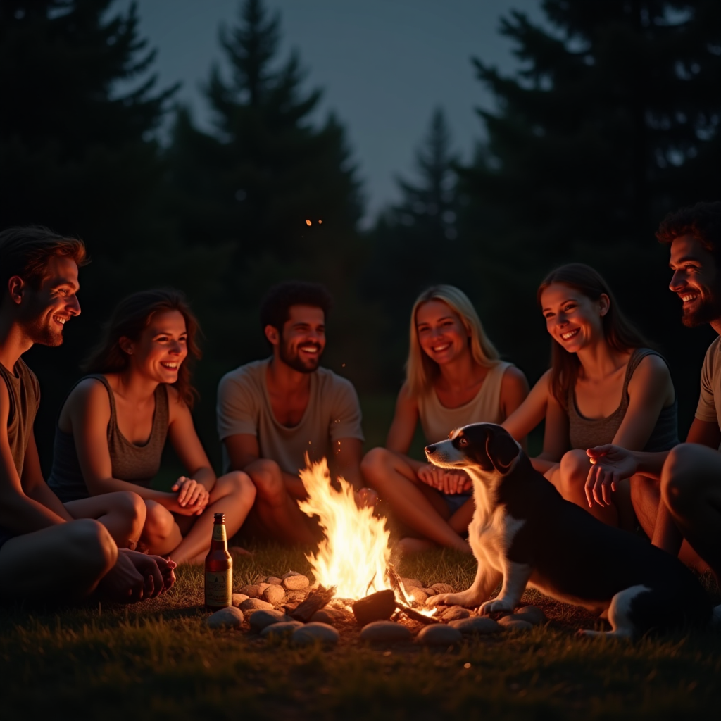 A group of friends and a dog sit around a campfire, laughing and enjoying the evening.