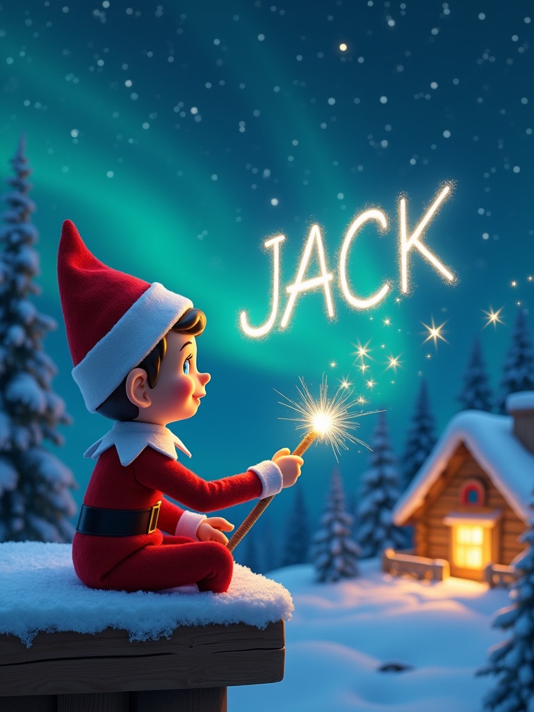 A charming scene featuring a boy elf on a snowy ledge writing 'JACK' in the sky. The elf gazes at a starry night filled with northern lights and a cozy cabin glows warmly in the distance. A sense of joy and Christmas magic fills the air.