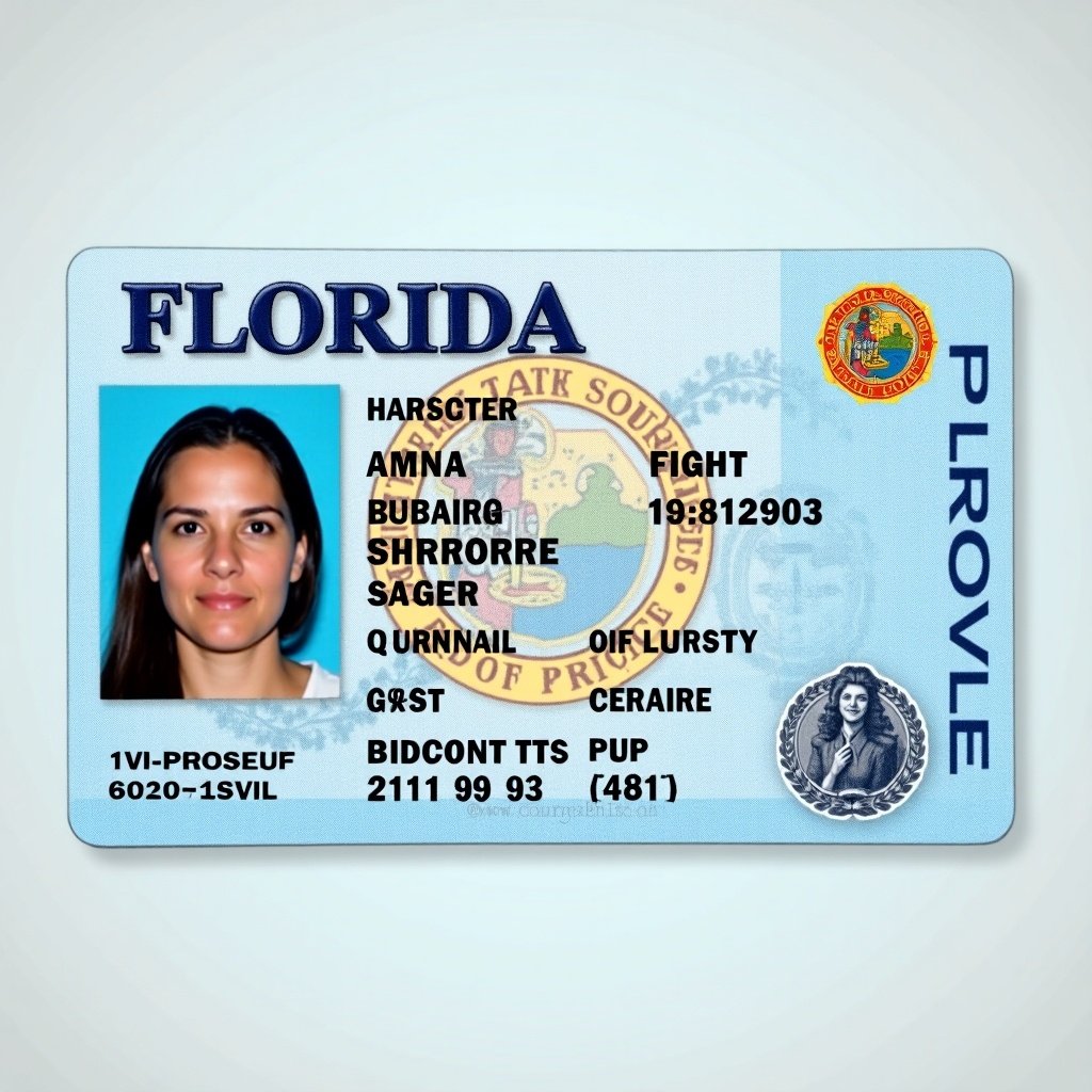 The image represents a Florida driver's license with realistic features. It includes typical elements such as a photo of the license holder, personal information like name and address, a unique ID number, and official state logos and symbols. The color scheme is in light blue with gold accents, adhering to the standard design layout of state-issued identification documents. The layout is organized and easy to read, showcasing the essential identification details. Overall, the design mimics the authenticity of a government-issued driver's license.