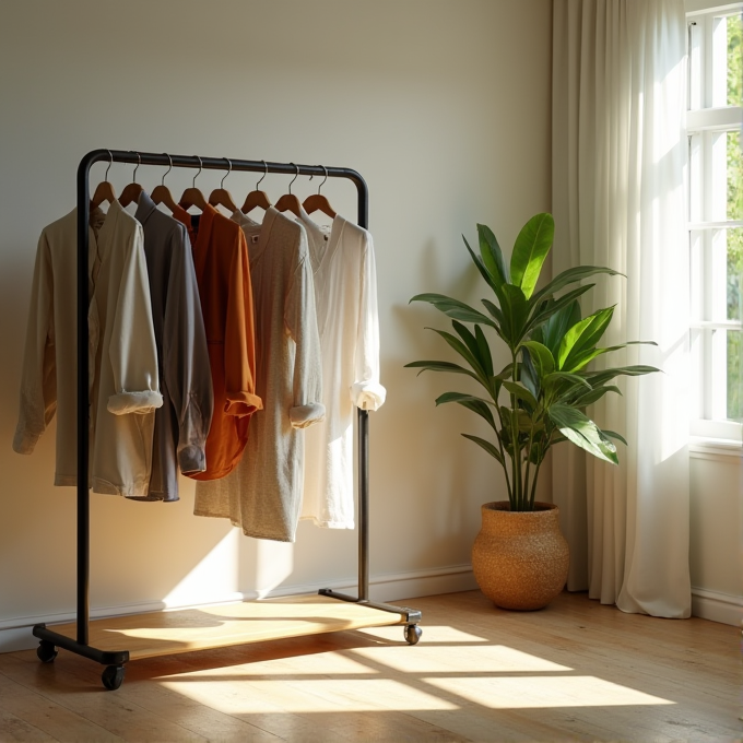 A sunlit room with a clothing rack displaying neutral-toned shirts next to a vibrant potted plant.