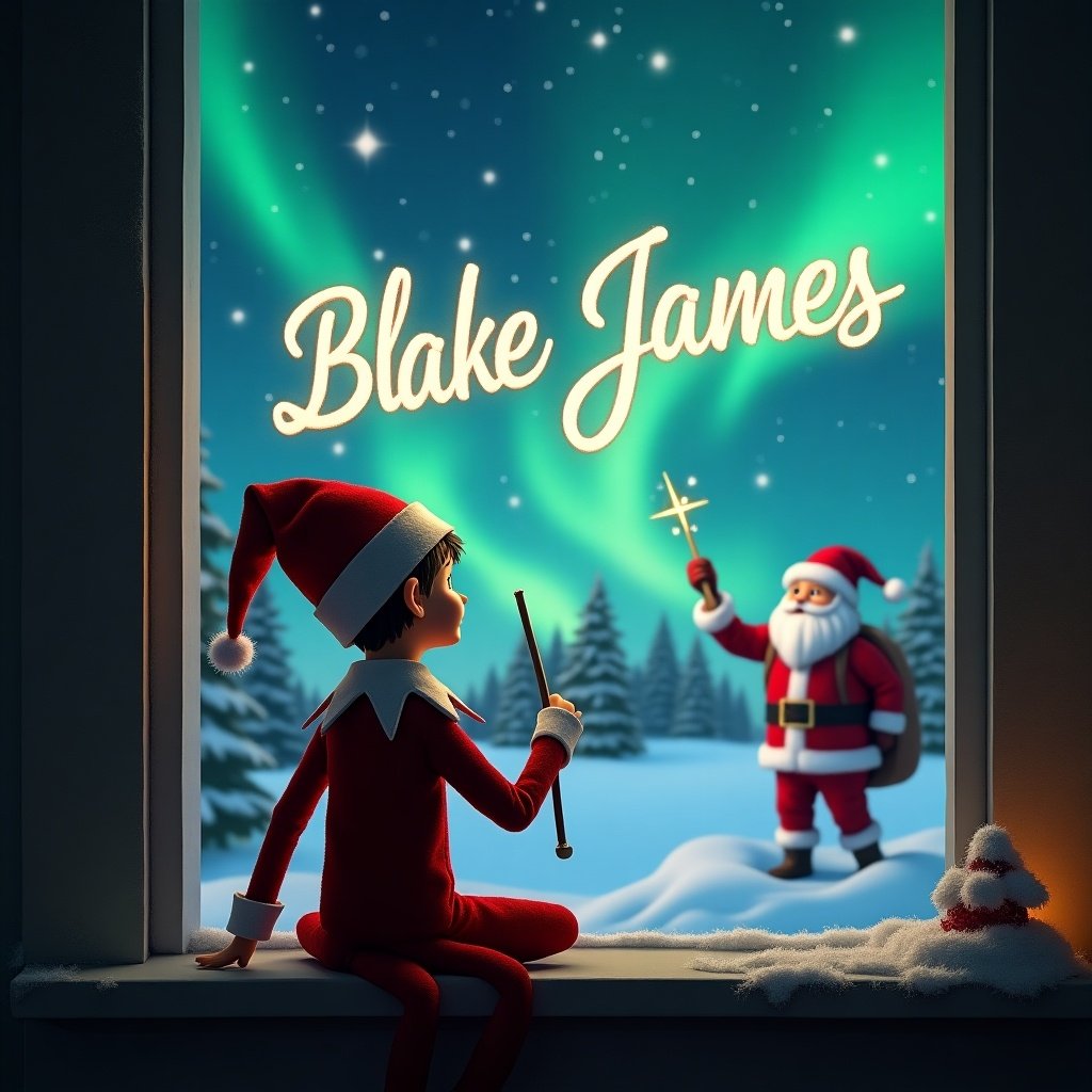 Elf on the shelf sits facing the window. Elf uses a wand to write 'Blake James' in the night sky. Background features Santa and northern lights in a snowy landscape.