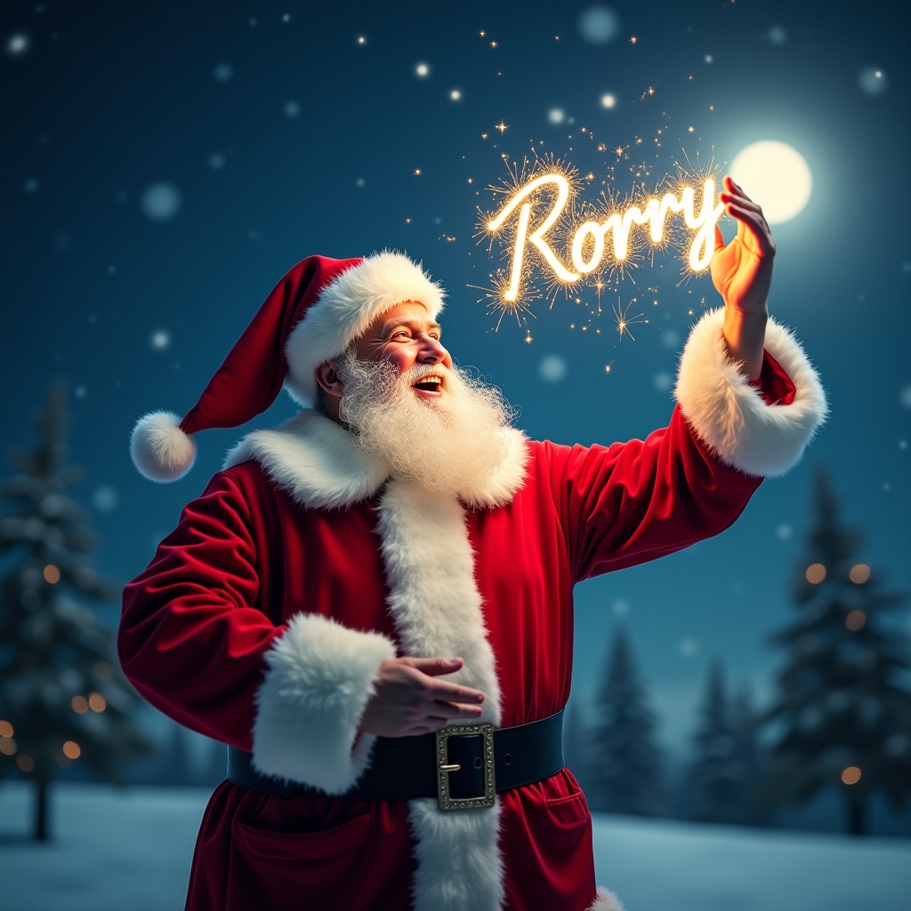 The image features a joyful Santa Claus in his classic red suit and fluffy white trim. He is standing against a magical night sky with twinkling lights resembling stars in the background. In an enchanting display, he is writing the name 'Rorry' in the air with sparkles. The scene is illuminated by a bright moon, adding to the festive ambiance. This artistic portrayal captures the spirit of Christmas and the joy of giving.