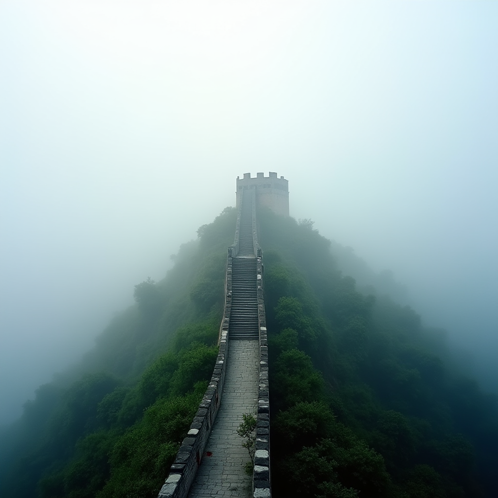 A section of the Great Wall of China disappears into thick mist, with lush greenery lining its ancient stone pathway.