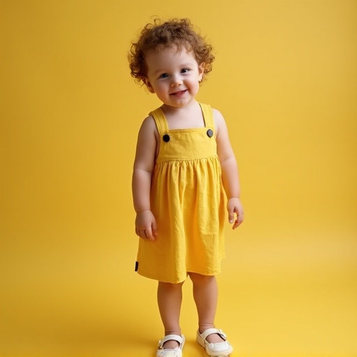 A cute little child stands confidently. The child wears a yellow short sundress. The background is a bright yellow color. The child displays a playful demeanor. The outfit is casual. Natural light enhances the scene.