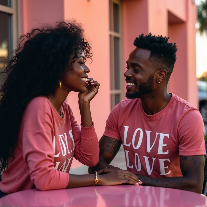 A smiling couple in matching pink 'LOVE' shirts shares an affectionate moment in front of a pink building.