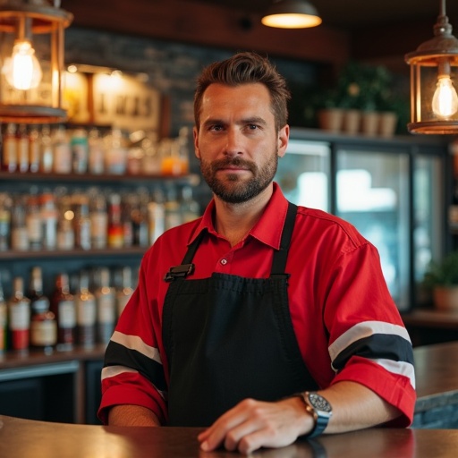 Bartender stands confidently behind the counter. He wears a red shirt and black apron. Background is a warmly lit bar filled with bottles. The setting is cozy and inviting.