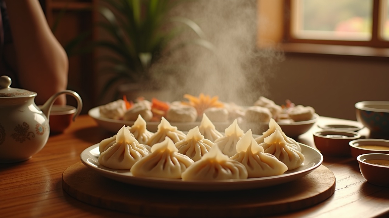 The image portrays a cozy indoor scene suggesting the onset of winter. Central to the composition is a plate of hot dumplings, with delicate, crystal-clear skin revealing plump fillings. A soft steam wafts up, indicating their freshness. The warm lighting casts a soft glow throughout the space, enhancing the inviting ambiance. Surrounding the dumplings are small dishes of various sauces, contributing to a homey setting ideal for family gatherings.