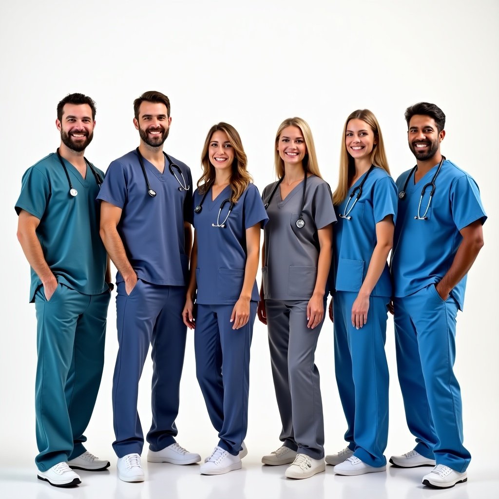 Image shows six medical professionals standing together. They wear various colors of scrubs. Three males and three females of differing heights. Warm smiles and friendly demeanor. Two males have stethoscopes around their necks, one is holding it. One female also has a stethoscope. Portrays confidence and approachability.