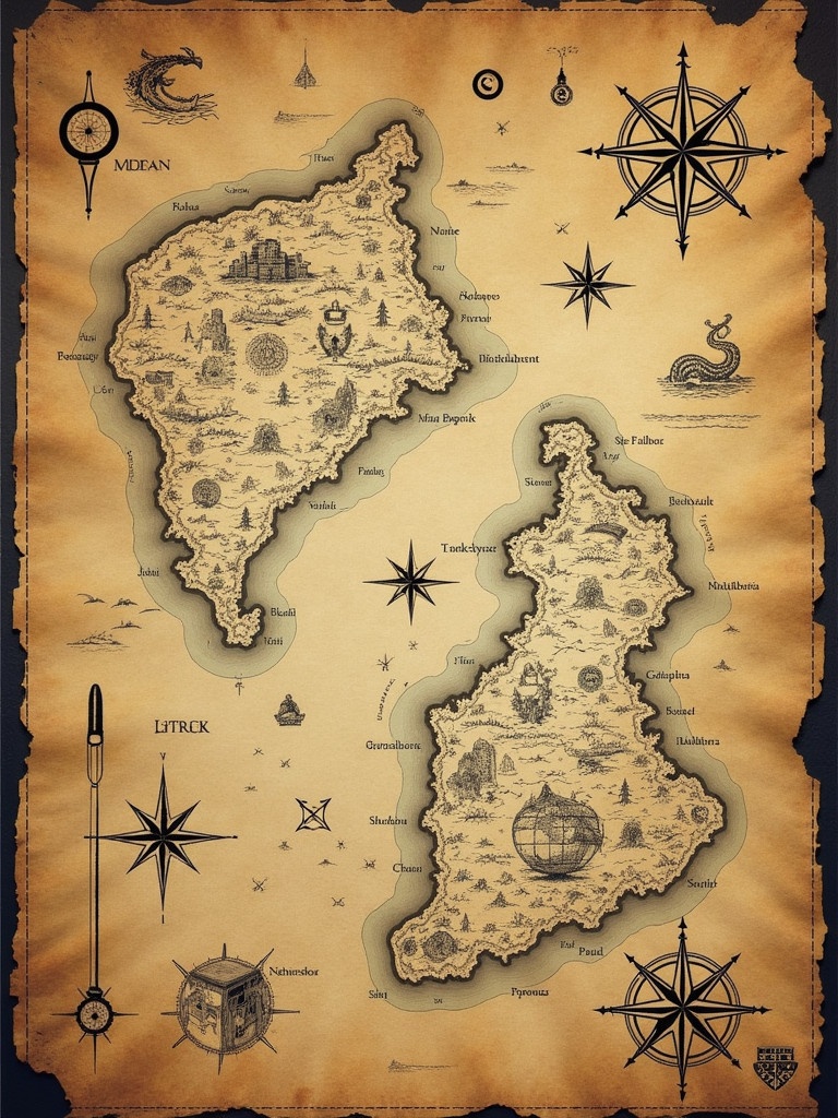 Map designed as an old treasure map. Features weathered texture in browns and yellows. Edges appear tattered and ink is faded. Illustrations include compasses and sea monsters. Markings show treasure locations with 'X' marks. Includes mysterious symbols and hints.