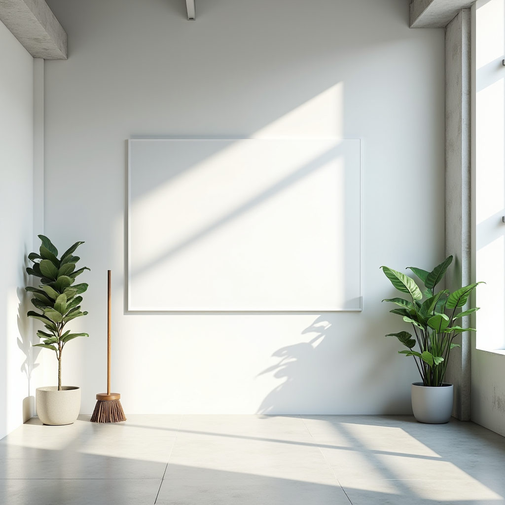 A bright, minimalist room with a blank whiteboard, two potted plants, and a wooden broom.