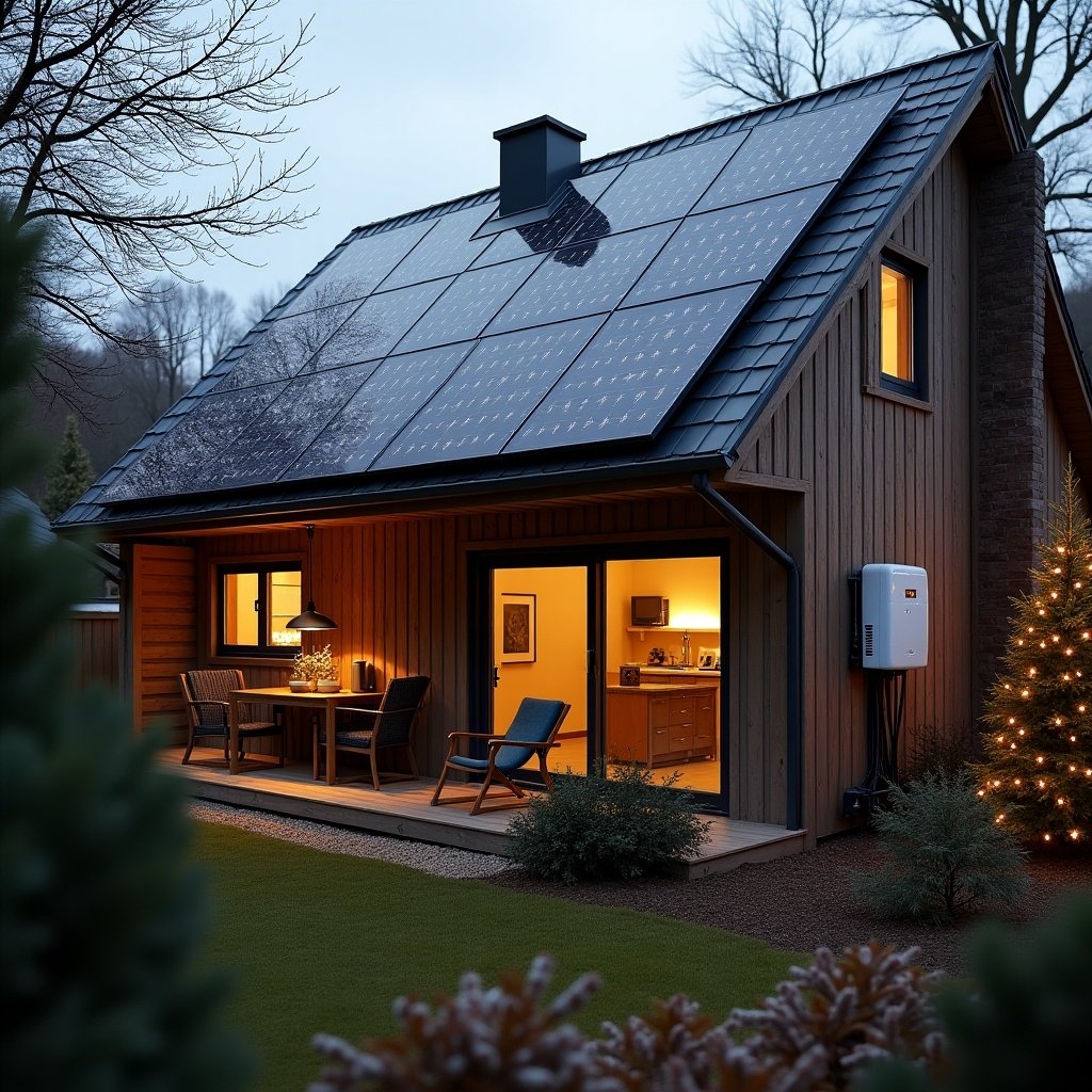 House with solar panels. An electric vehicle charger installed. Heat pump visible. Christmas decorations on the porch. Twilight ambiance with soft lighting.