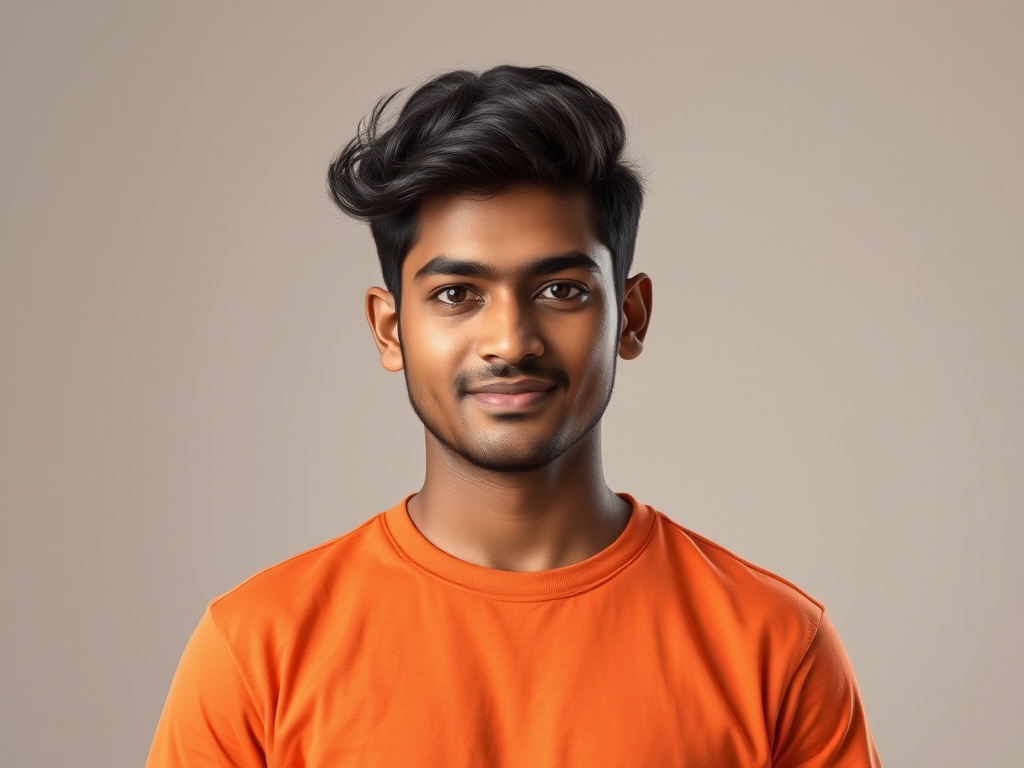 A young man with styled dark hair wearing an orange shirt and smiling against a neutral background.