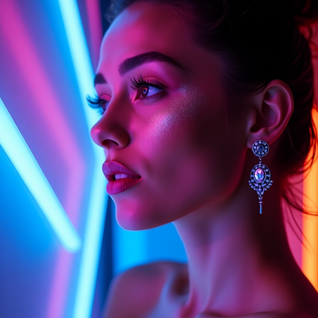 Close-up side profile of a young woman with warm facial lighting. Woman has fresh skin and a natural look. Soft lighting highlights her features. Ideal for showcasing beauty and skincare products. Vibrant neon lights in blue, pink, and purple create colorful glow. The subject wears ornate earrings and bold makeup with glitter. Background softly out of focus to emphasize subject's features.