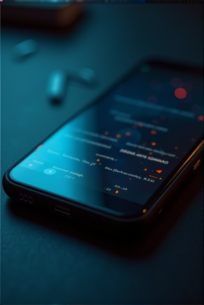 A smartphone displayed on a dimly lit surface, with its screen showcasing a night-themed user interface of perhaps a music or sound editing app, highlighted by warm light reflections and ambient light.