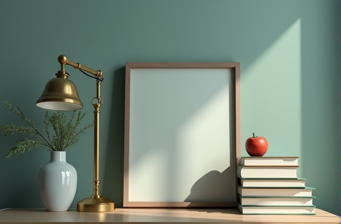 A calm study scene with a blank picture frame, a brass desk lamp, a vase with greenery, and a stack of books topped with a red apple.