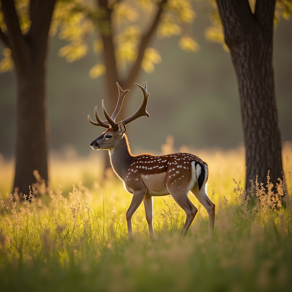 A deer stands gracefully amidst a sunlit forest glade.