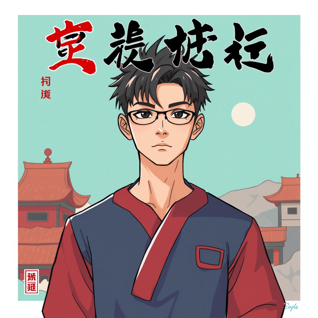 A cartoon character with glasses stands in front of traditional Asian buildings.