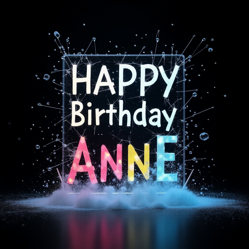 Dynamic visual scene with black background. Bright spot appears center, lights shoot outward. Screen seems to shatter, glass pieces turn to powder. Text 'Happy Birthday Anne' appears in vibrant colors. Glass falls, text rises top, background changes from black to blue.