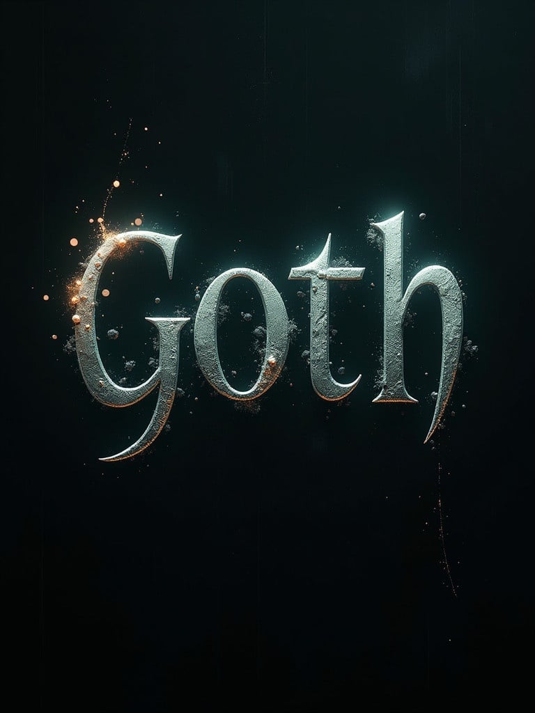 Stylized text reading Goth with a metallic finish. Dark and moody atmosphere. Text appears slightly illuminated with a shiny effect. Abstract design background enhances gothic theme.