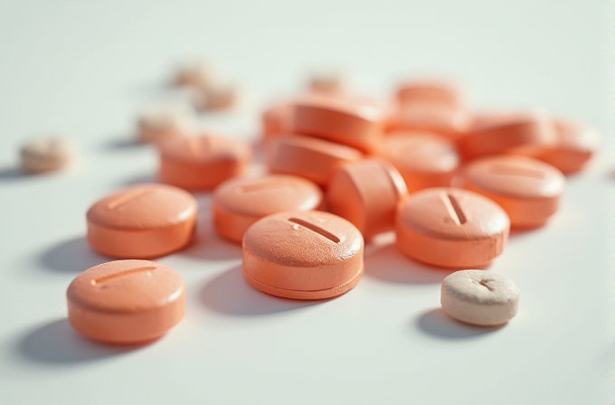 A close-up image of several orange tablets scattered across a smooth, light-colored surface, each featuring a shallow groove on the top.