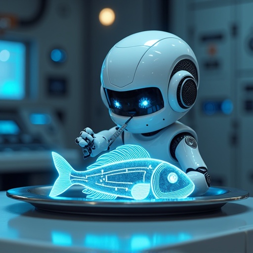 Futuristic lab with a cute white robot. The robot looks disgusted at a glowing cybernetic mullet fish on a plate. The fish has neon blue circuits and glowing eyes resembling Egyptian Feseekh. The robot's expression is exaggerated. Sci-fi control panels surround the scene. Ambient blue lighting sets a mood. Cinematic lighting emphasizes details.