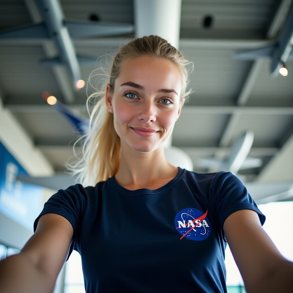 Extreme close-up selfie of a tall, attractive young woman with blue eyes and blonde hair. She wears a skintight dark blue NASA t-shirt and has a ponytail. The background features the ceiling of an air and space museum.