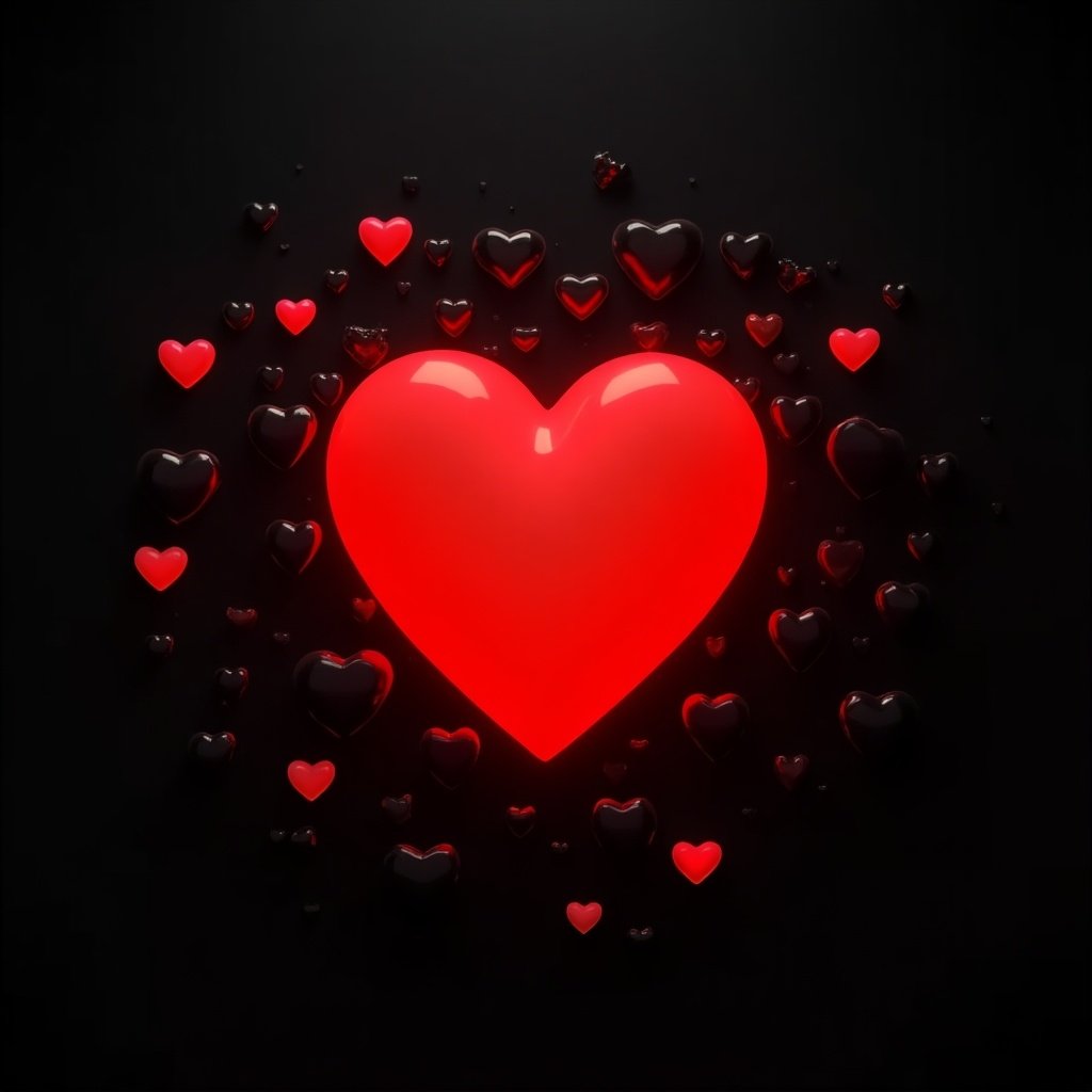 A large glowing red heart is in the center. Smaller black and red hearts surround it. Dark background enhances the glowing effect. Represents a fusion of emotion and technology.