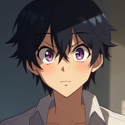 Anime-style image of a man with an emotional yet tense expression. He looks directly at the camera. His eyes reflect his younger self, showcasing innocence and happiness.