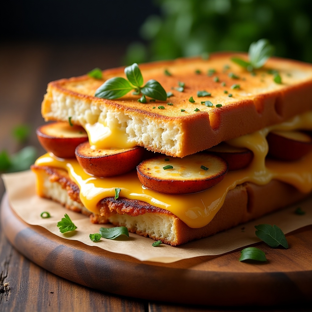 This image features a delicious halloumi and cheese toast sandwich. The sandwich is perfectly toasted, with golden brown bread that looks crispy. Inside, there are layers of melted cheese and slices of halloumi that peek out enticingly. Fresh herbs are sprinkled on top, adding a pop of green. The sandwich sits on a wooden board, enhancing its rustic appeal. This meal is ideal for cheese lovers looking for a quick and tasty snack.