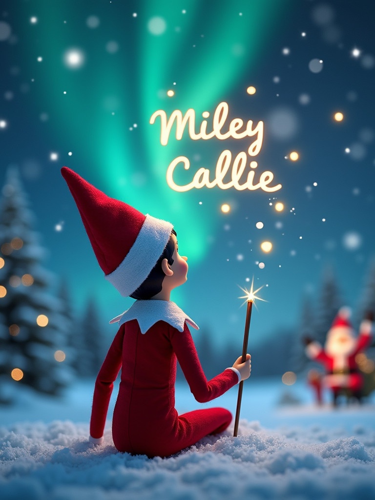 An enchanting Christmas scene features an elf on the shelf. The elf sits with its back to us gazing upwards. It uses a wand and writes the names 'Miley' and 'Callie' in the night sky. The background has stunning northern lights and a distant Santa Claus. Snow blankets the ground in a serene winter wonderland. This moment captures holiday joy.