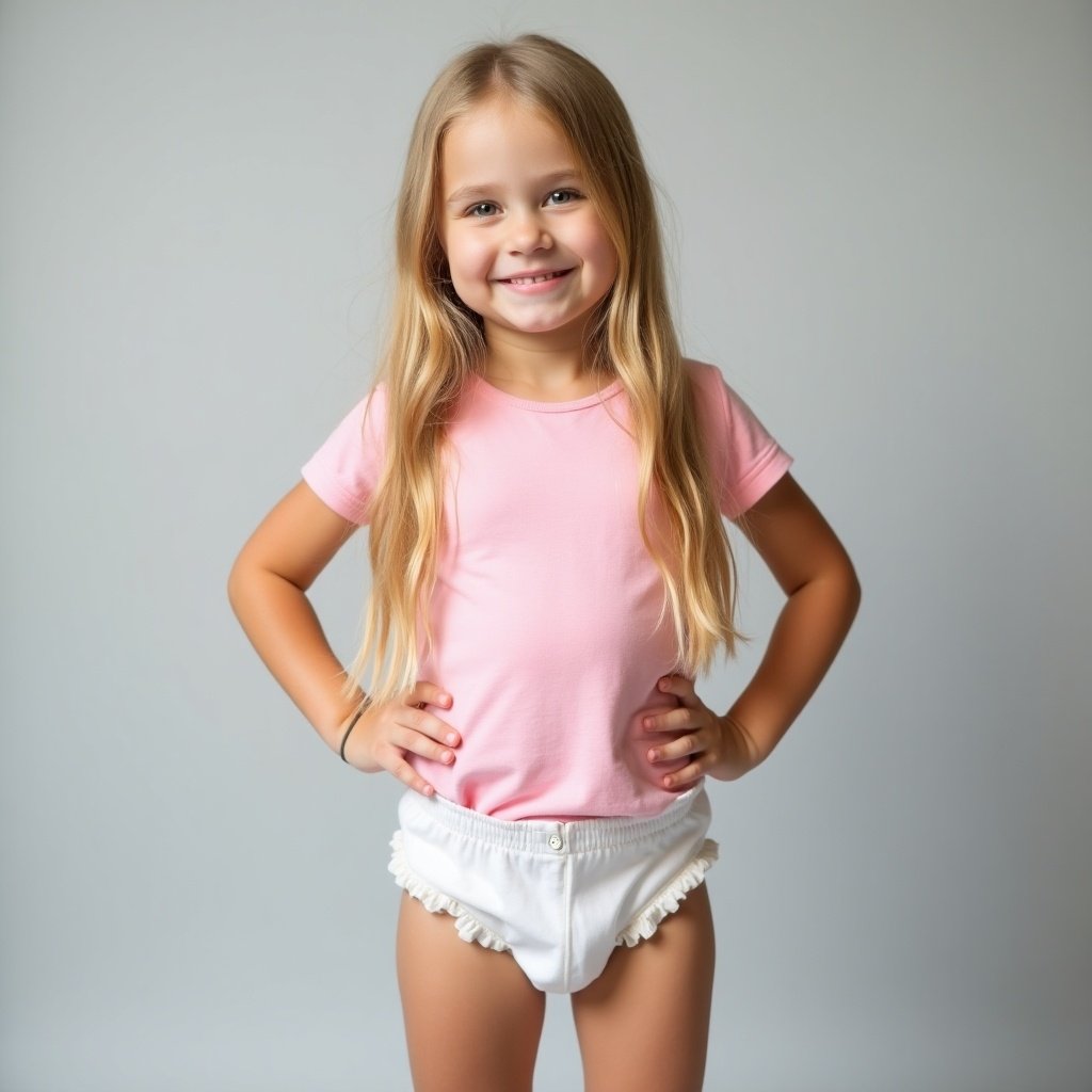 This image features a seven-year-old girl with long blonde hair. She is wearing a fitted pink t-shirt and a white diaper. The background is a soft gray, which emphasizes her youthful innocence. Her pose is relaxed, with one hand on her hip, exuding confidence. The lighting is soft and inviting, enhancing the overall playful feel of the image.