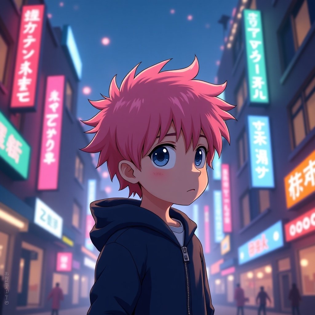 An anime-style illustration features a small boy with pink hair standing in a vibrant, neon-lit cityscape. The boy looks contemplative, dressed in a casual hoodie. The background is filled with brightly lit signs, showcasing a bustling urban environment. The bright colors create an engaging and lively atmosphere. This scene embodies modern anime aesthetics with a focus on youth and city life.