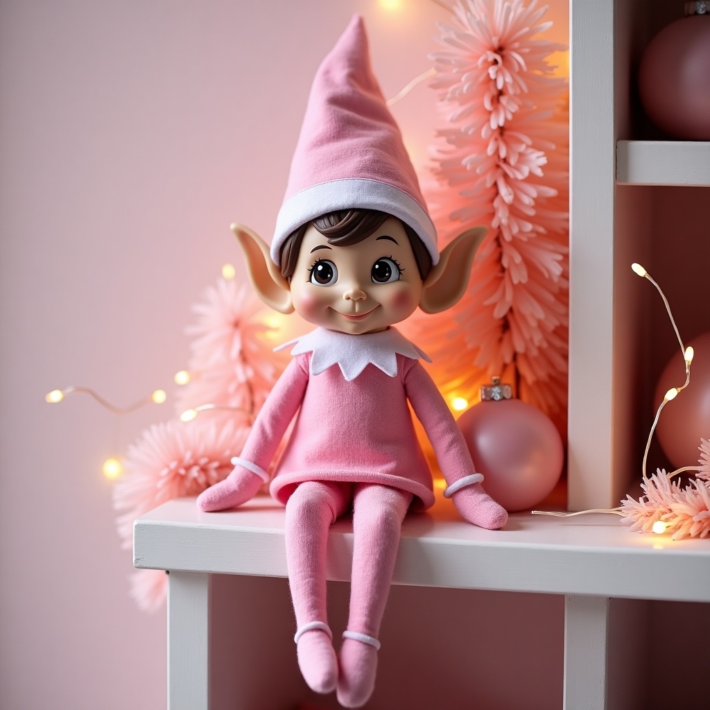 Doll resembling elf character. Bright pink color scheme. Sitting pose on a white shelf with decorations. Soft lighting enhances warmth.