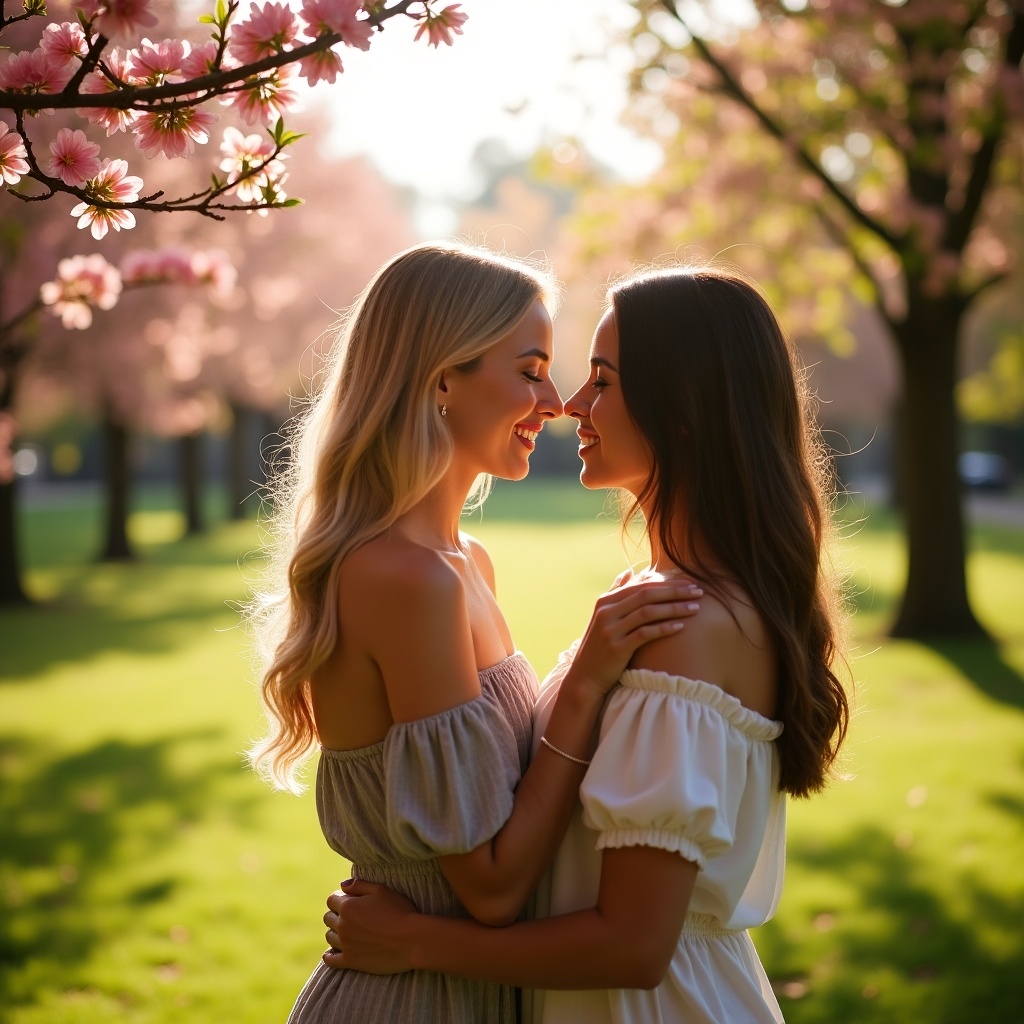 Two women in a romantic embrace. Standing in a park surrounded by cherry blossom trees. Gentle sunlight filters through the leaves. Love and connection between them is evident.