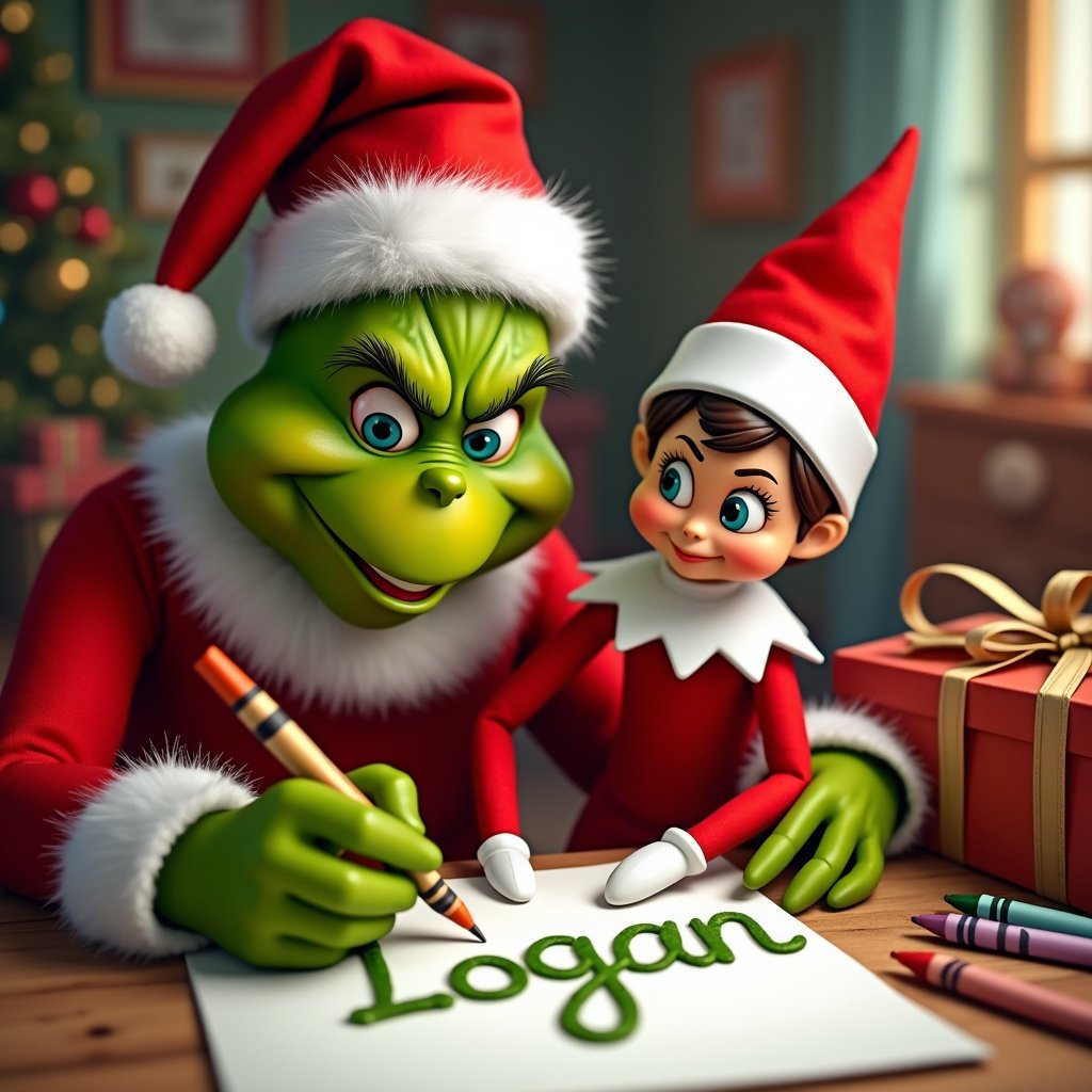 Grinch and Elf writing name with crayons in festive setting. Christmas gifts and cheerful background enhance the scene.