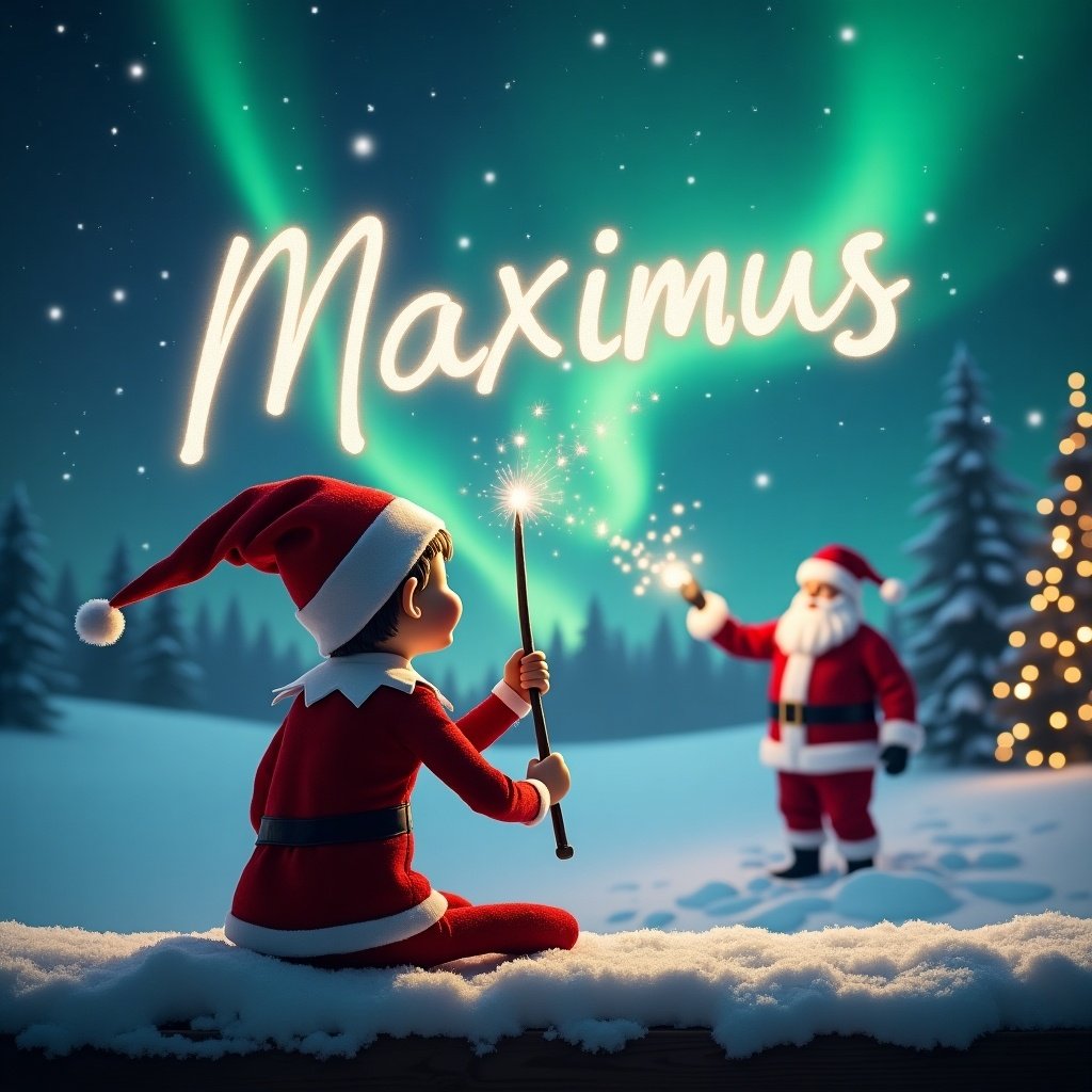 A festive Christmas scene features an elf on the shelf with its back facing the viewer. The elf is dressed in traditional festive attire and is using a magic wand to write the name 'Maximus' in the starry night sky. The background is enchanting, filled with vibrant northern lights, creating a magical atmosphere. In the distance, Santa Claus is also present, elegantly writing 'Nevaeh2019' in the air with his own magic wand. Snow blankets the ground, adding to the winter wonderland vibe, embodying the true spirit of Christmas joy.