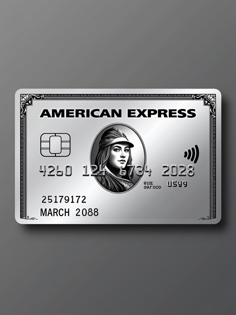 Realistic depiction of a platinum American Express credit card. Card has prominent Visa logo. Cardholder name sukruth visible along with expiry date March 2028. Silver background with bold black font for modern elegance.