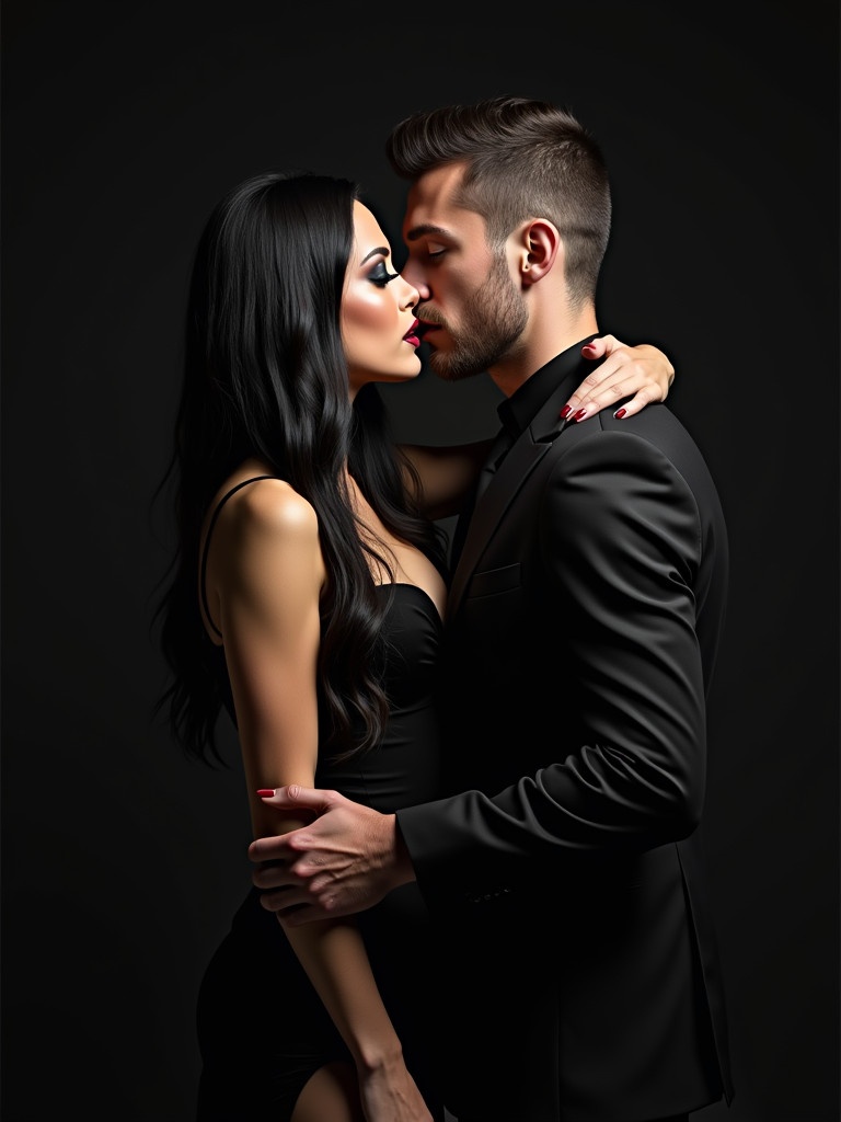 Striking image of a couple embracing in a close and intimate gesture. Woman has long dark hair and dramatic makeup. Man has rugged appearance and short hair. Both wear elegant black attire. Image conveys sophistication and allure.