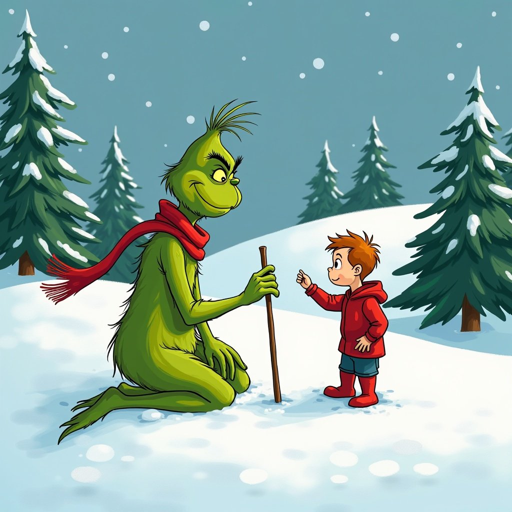 Grinch writing in the snow with a stick. Scene has snow-covered hills and evergreen trees. Grinch is green with a red scarf. Child in red coat stands by.